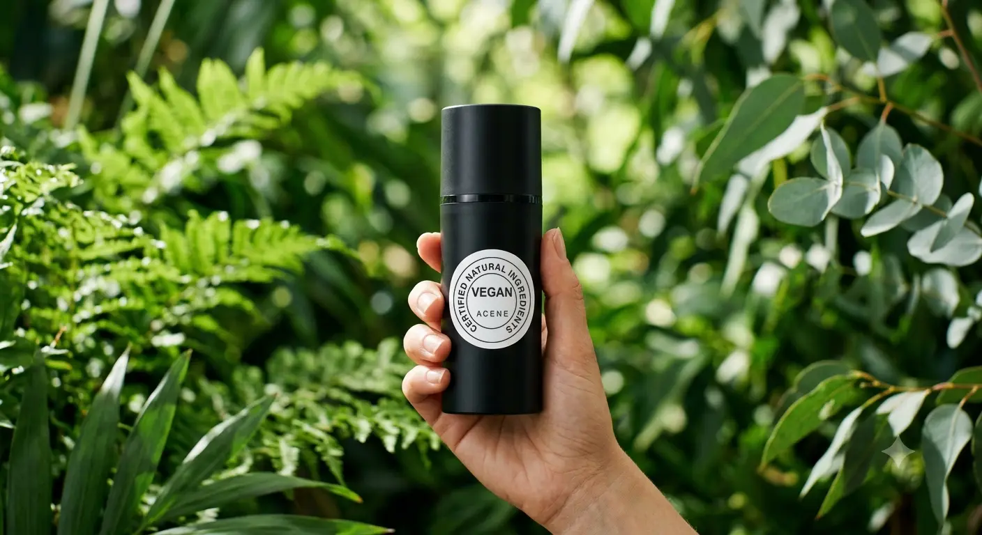 Productos cosméticos veganos junto a ingredientes vegetales y documentos que acreditan el origen de sus materias primas.